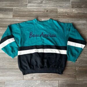 Vintage 90's Boss‎ America Crewneck Sweatshirt Pullover Teal Black White XL Y2K